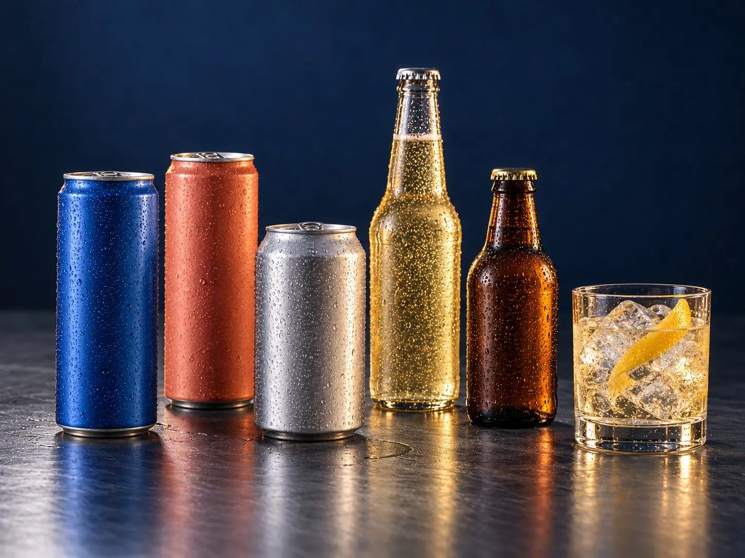 Chilled cans, bottles and a highball for ready-to-drink cocktails