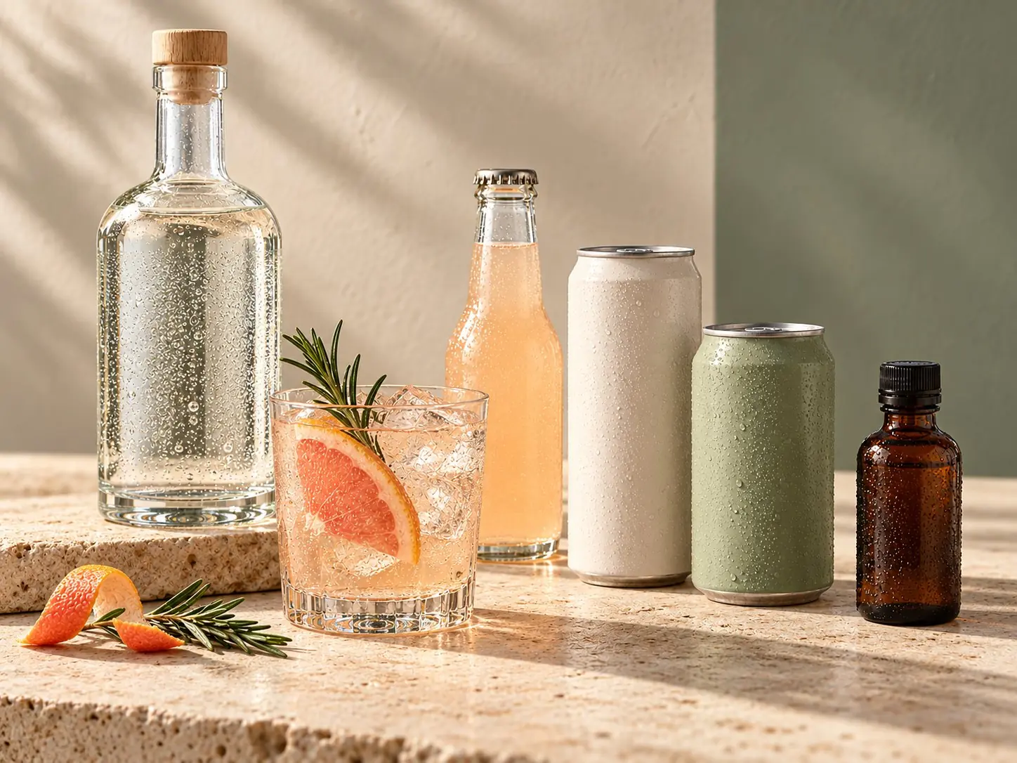 Alcohol-free drinks with grapefruit and rosemary in warm sunlight