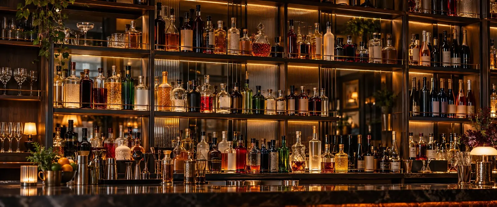 Back bar shelves stocked with spirits
