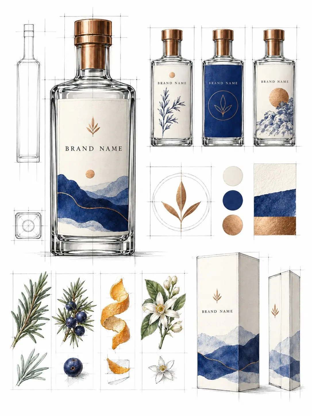 Brand concept sheet: bottle sketch, label options, palette and botanicals