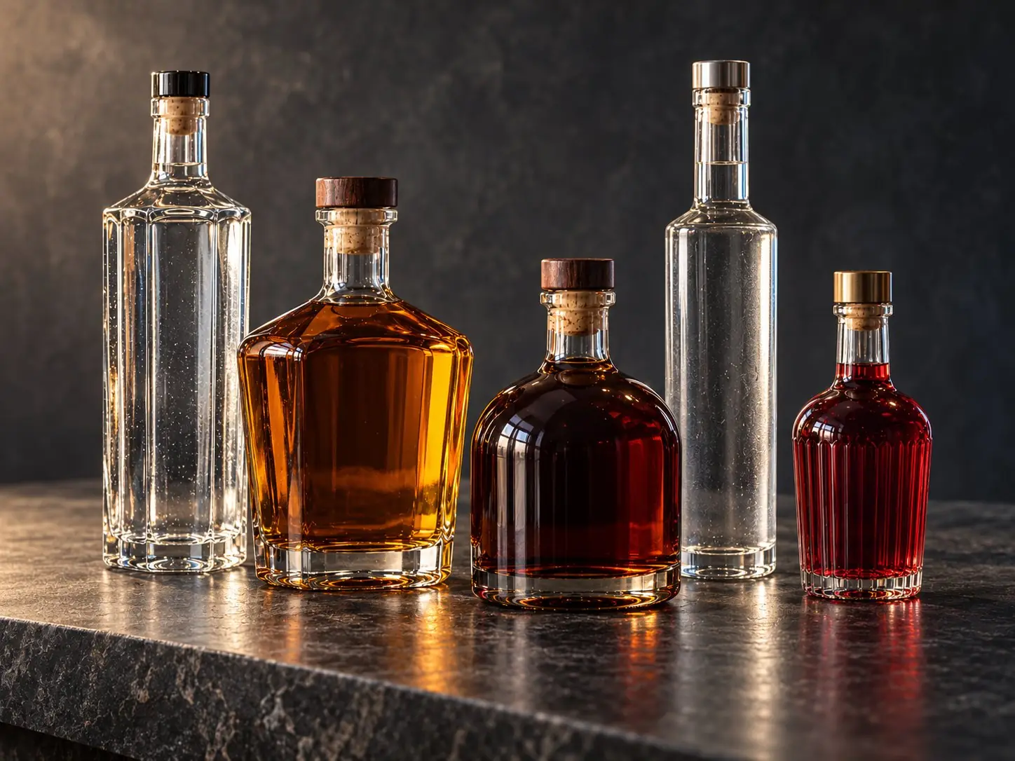 Spirit bottles on a dark stone counter