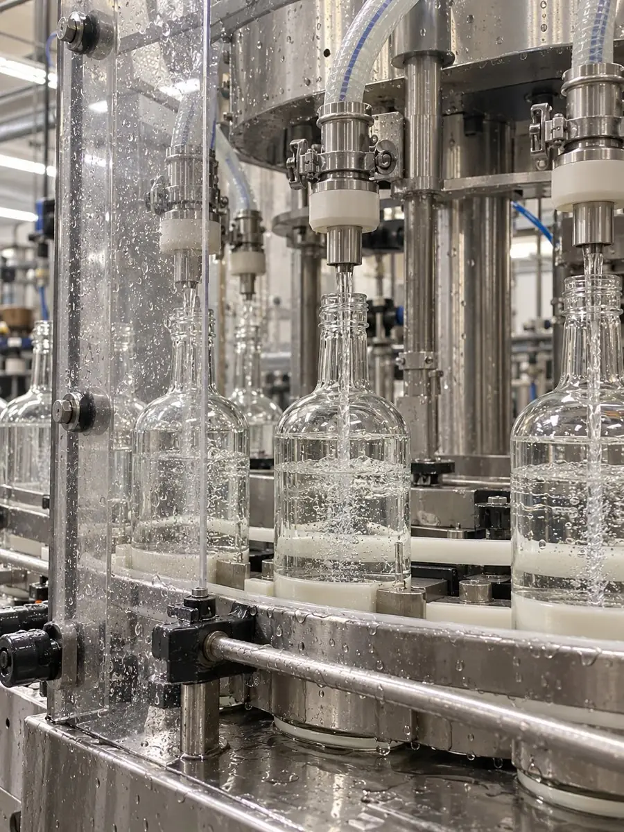 Clear spirit filling bottles on the bottling line