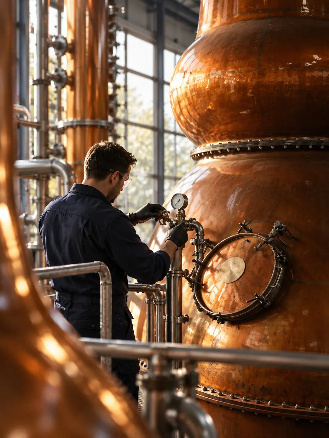 Distiller checking a copper still