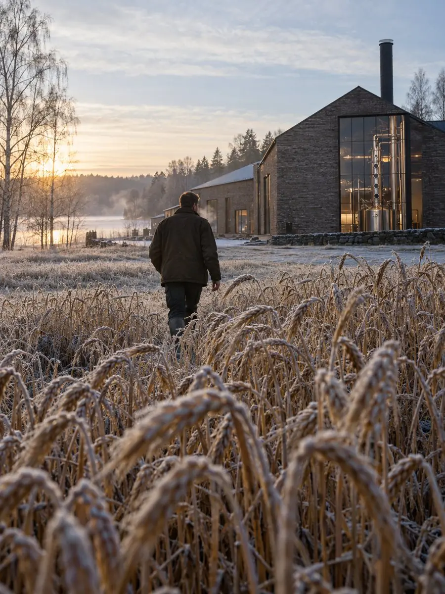 Frosted grain field beside a European vodka distillery