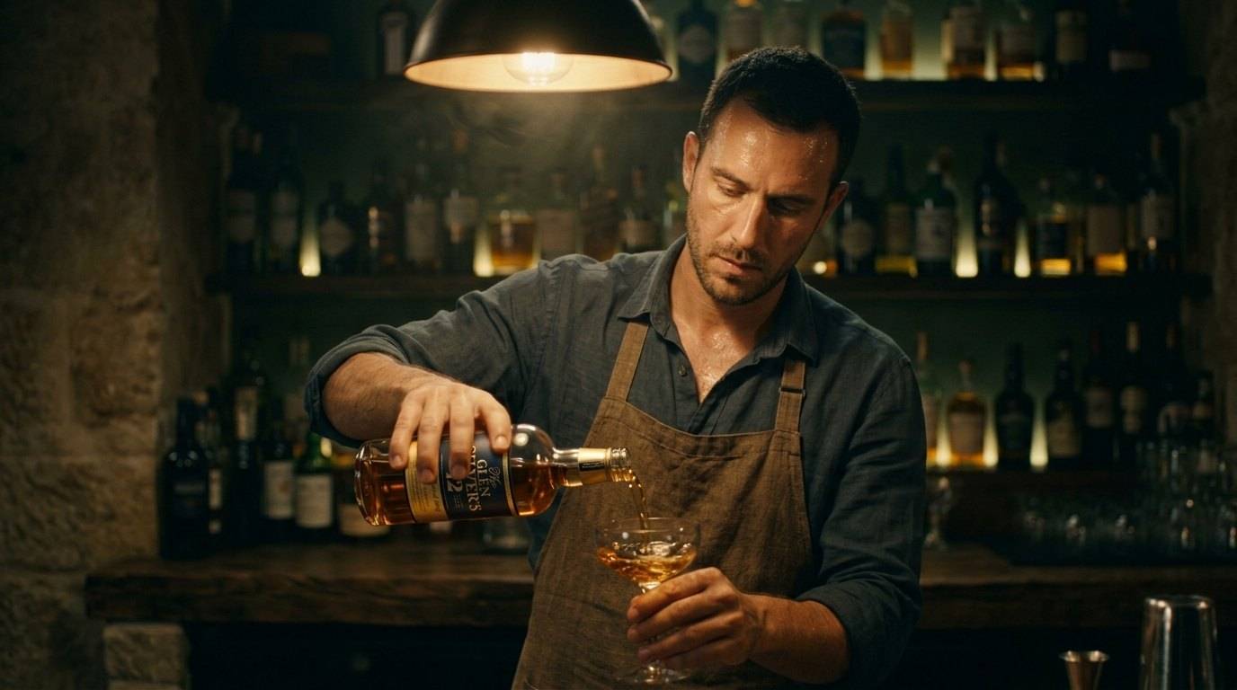 Bartender pouring Glen Silver's 12 Years into a coupe at a candlelit back bar