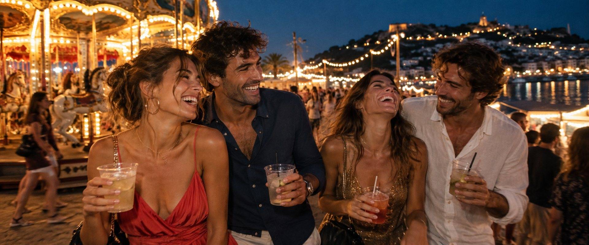 Friends laughing with cocktails at a seaside fairground at night