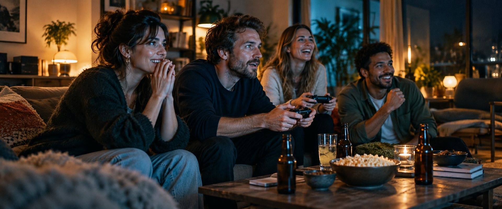 Friends playing video games on the sofa with drinks and popcorn