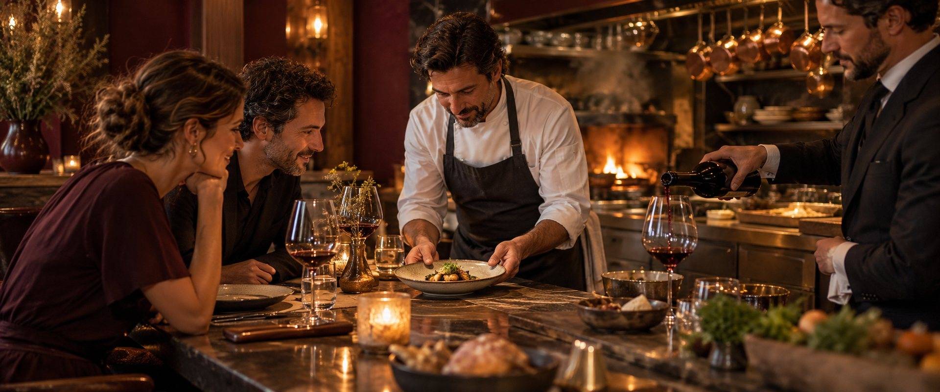 Chef serving a dish at the counter while wine is poured