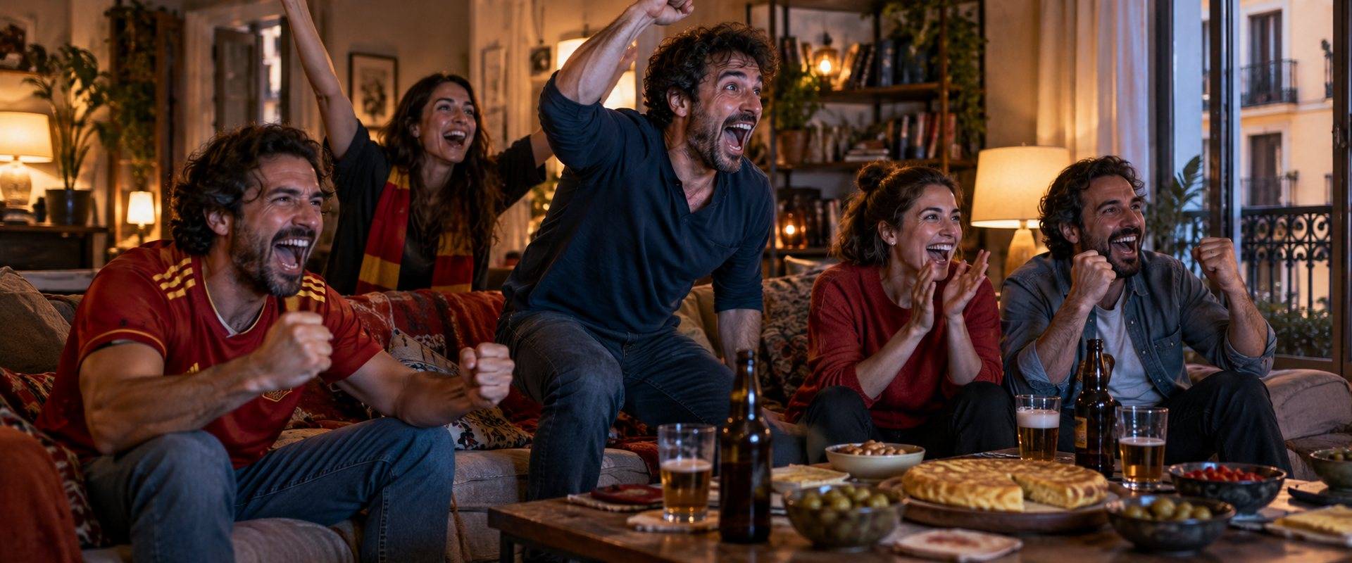 Friends celebrating a goal in front of the TV with drinks and tortilla