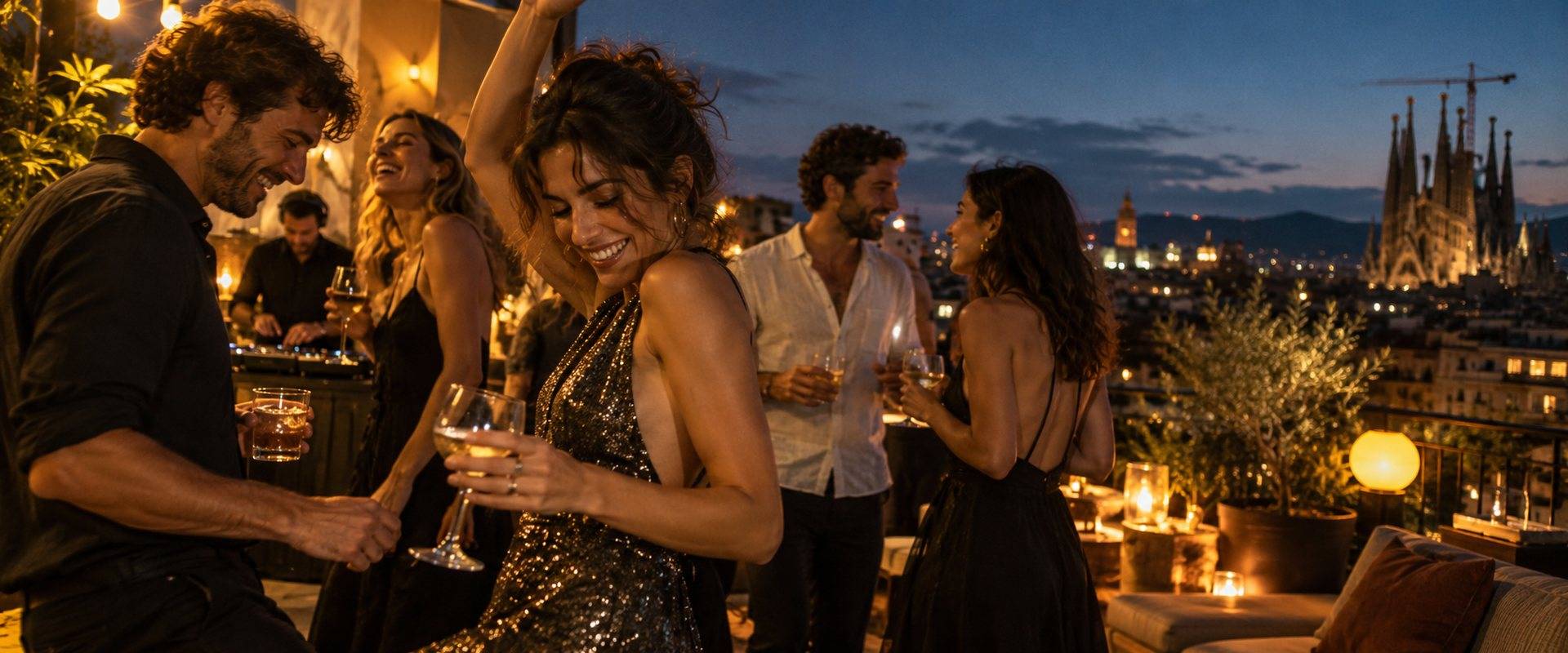 Friends dancing with drinks on a Barcelona rooftop at night