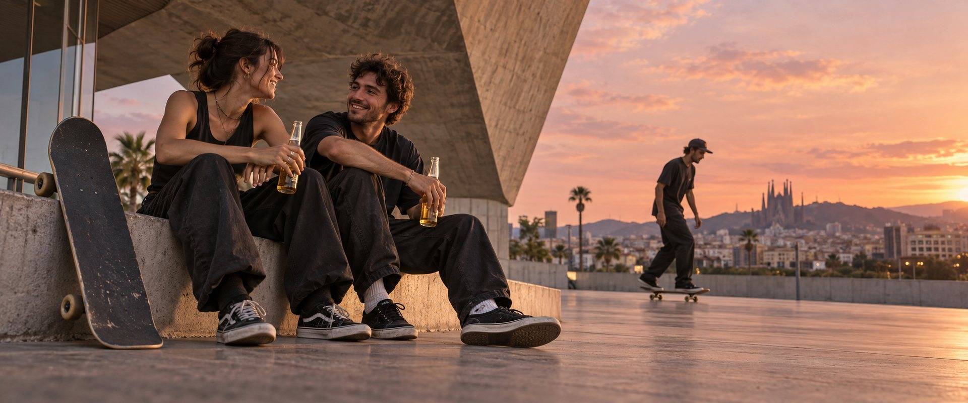 Skaters sharing a drink at sunset above Barcelona