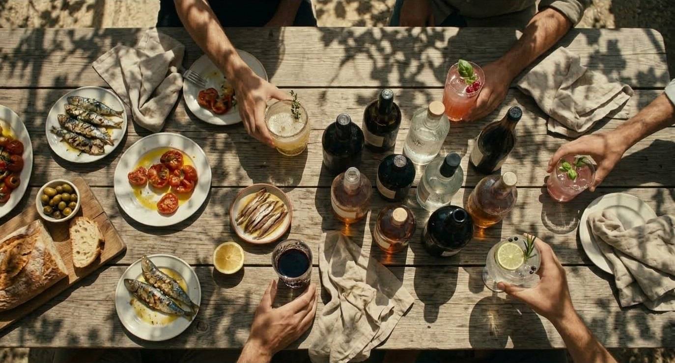 Friends sharing vermouth, liqueurs and tapas on a sunlit table